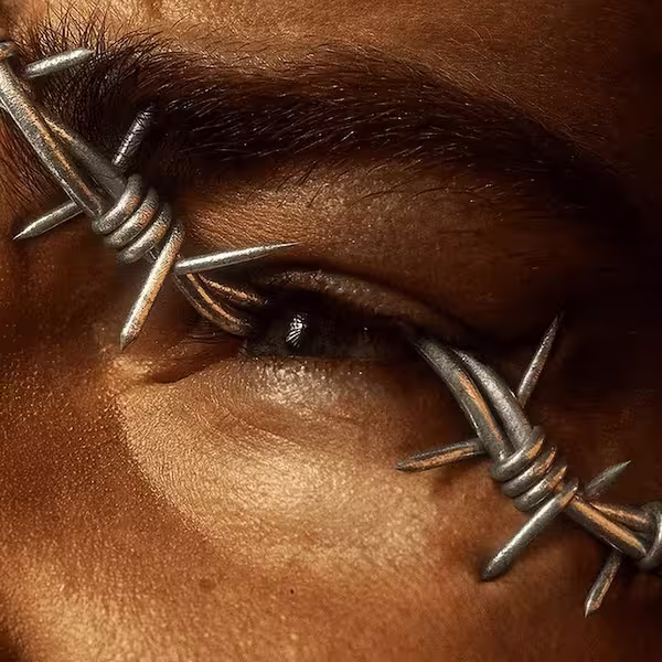 Barbed wire digs inside the corners of the left eye of a face.