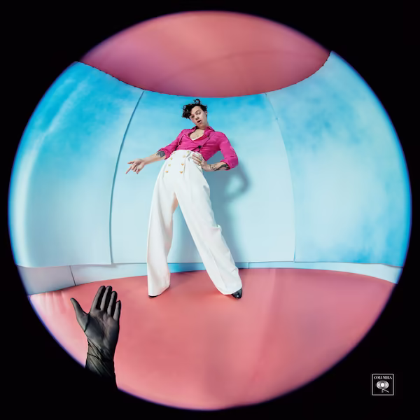 A fisheye lens view of Harry Styles standing in a pink and blue room.