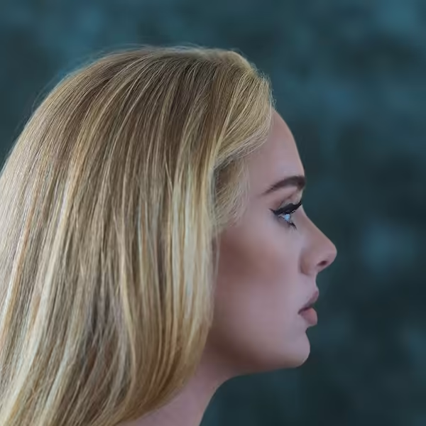 A portrait of Adele against a blue background, depicting her side profile.