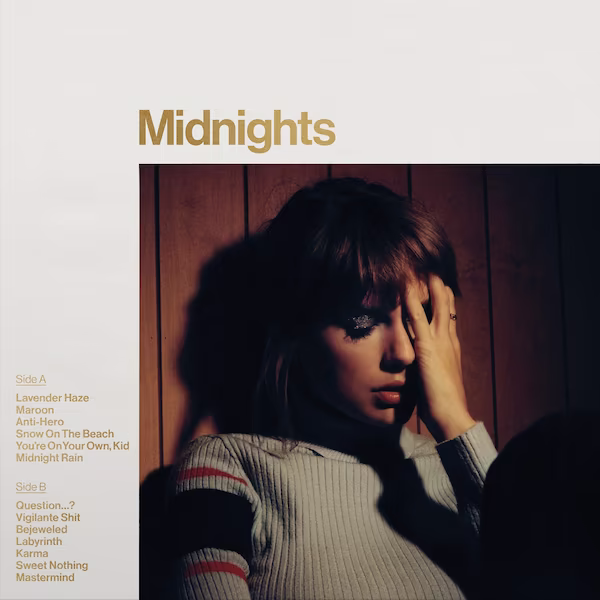 Swift sits against a wooden wall with her left palm on half of her face. The top and right border of the cover presents the album and track titles.