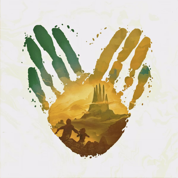 The silhouette of two overlapping hands presents a mountainous landscape. The sky fades between gold, blue, and green hues.