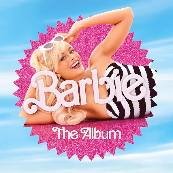 Margot Robbie as Barbie lying down in a spiked pink circle over a cloudy sky background.